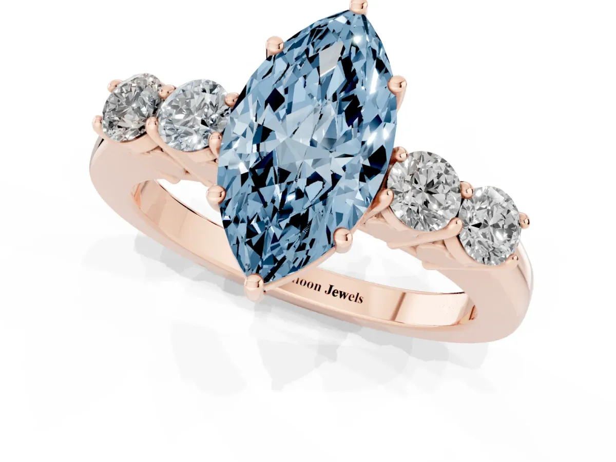Fancy Blue Marquise Cut Cut Diamond Five-Stone Prong Set White Gold Ring Rose gold