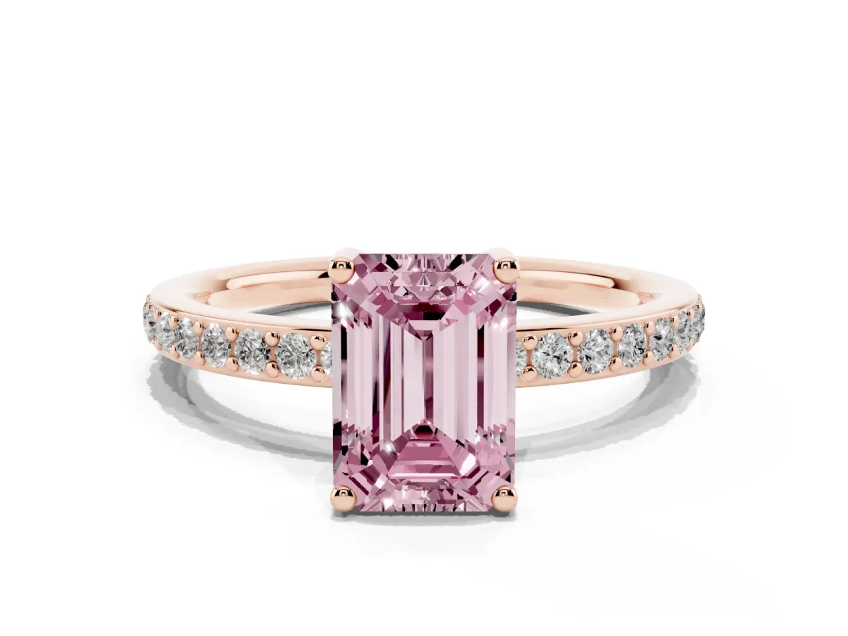 Fancy Pink Emerald Cut Cut Diamond Pavé Band Ring with Four-Prong Setting Rose gold