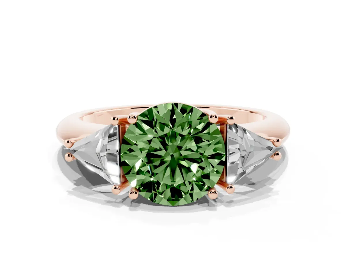 Fancy Green Three-Stone Round Cut Diamond Engagement Ring with Trillion Side Stones and Prong Setting Rose gold