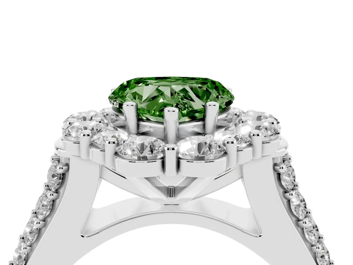 Fancy Green Heart Cut Halo Diamond Engagement Ring with Split Shank and Prong Setting White gold