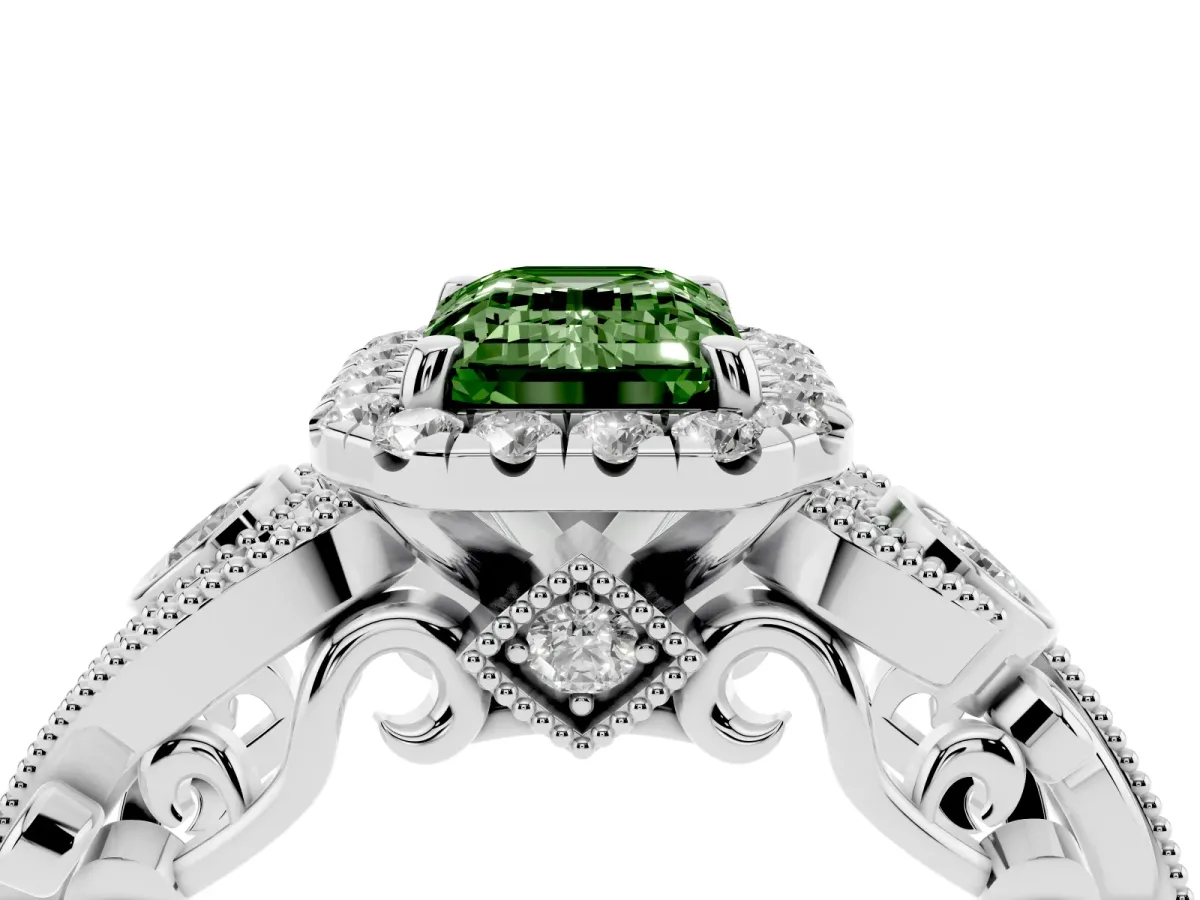 Fancy Green Emerald Cut Halo Diamond Ring with Milgrain and Bezel Accents on a Split Shank Band White gold