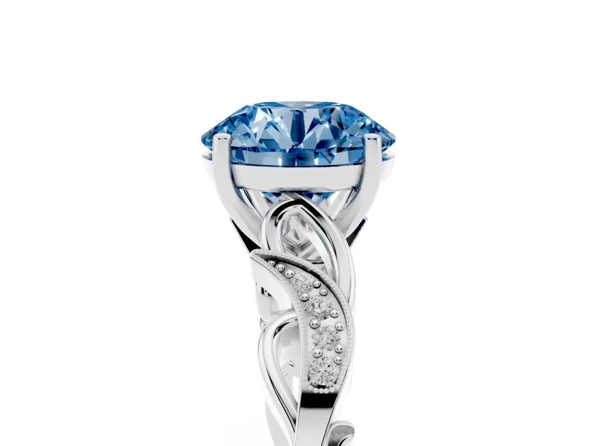 Fancy Blue Round Cut Solitaire Vine Band with Milgrain Prong Setting Platinum