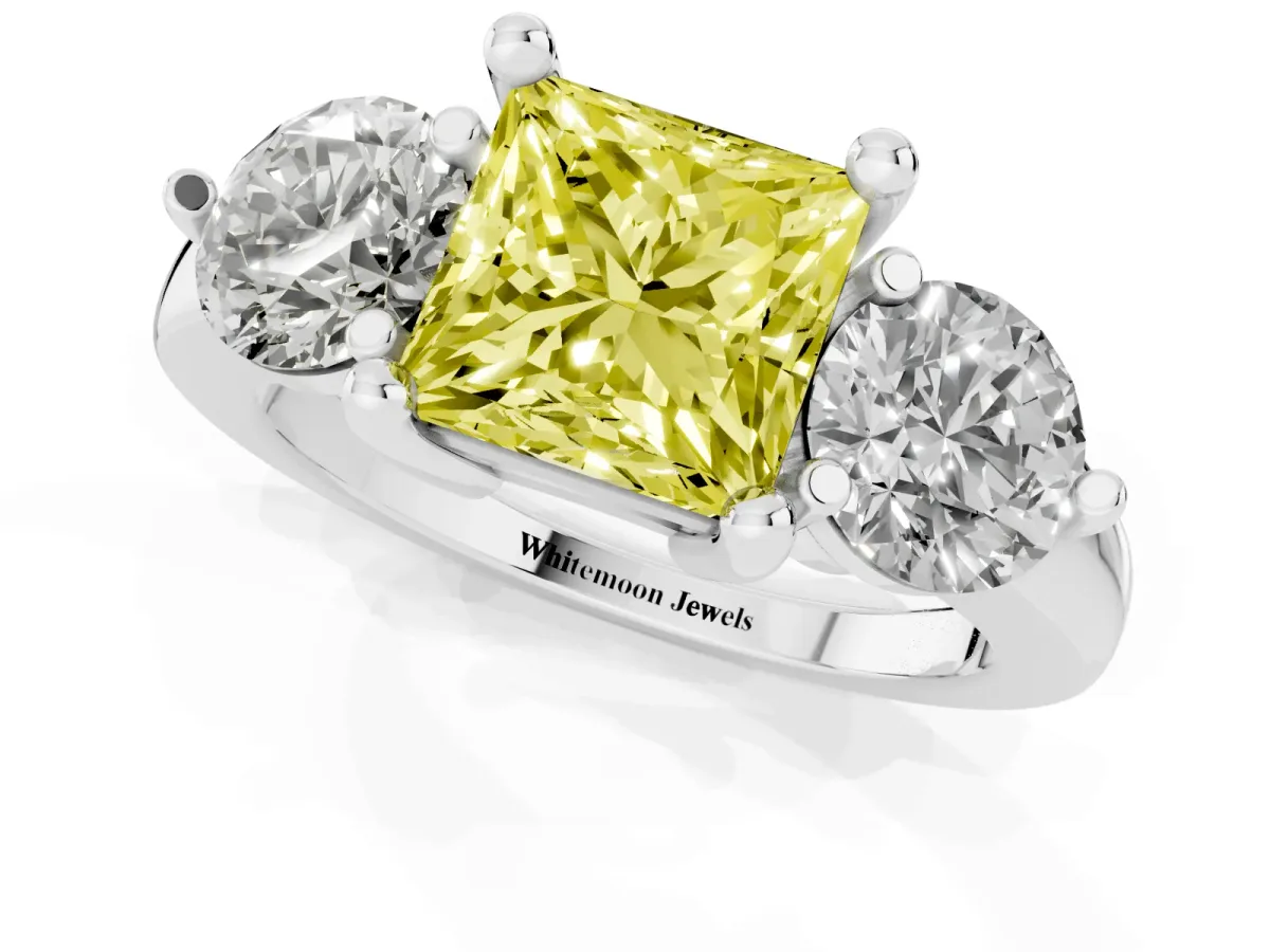 Fancy Yellow Three-Stone Princess Cut Brilliant Cut Solitaire Ring with Prong Setting on a Classic Band Silver