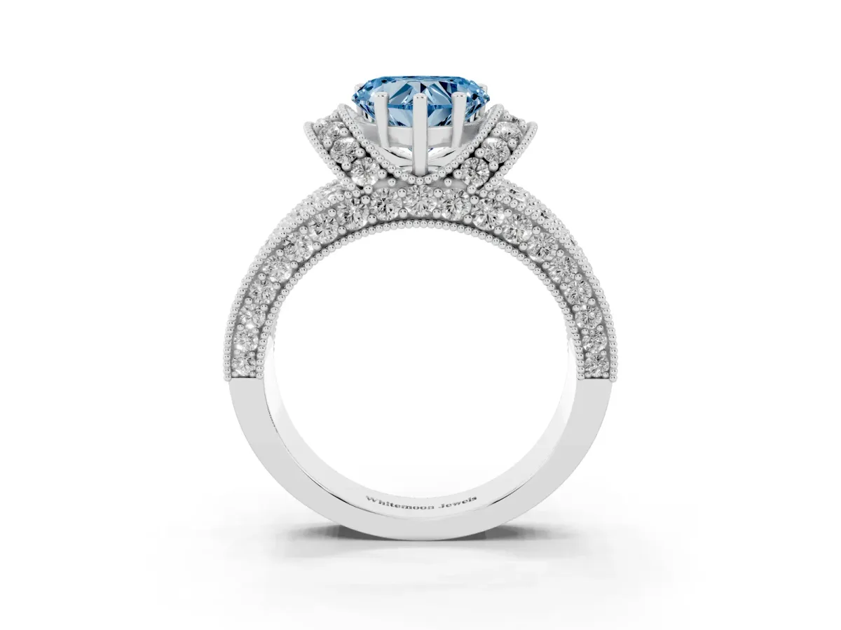 Fancy Blue Heart Cut Halo Pave Diamond Engagement Ring with Milgrain Detailing Silver