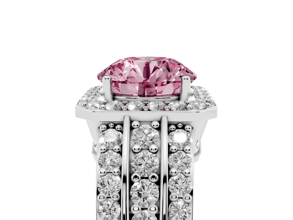 Fancy Pink Round Cut Halo Diamond Ring with Round Split Shank and Prong Setting Platinum