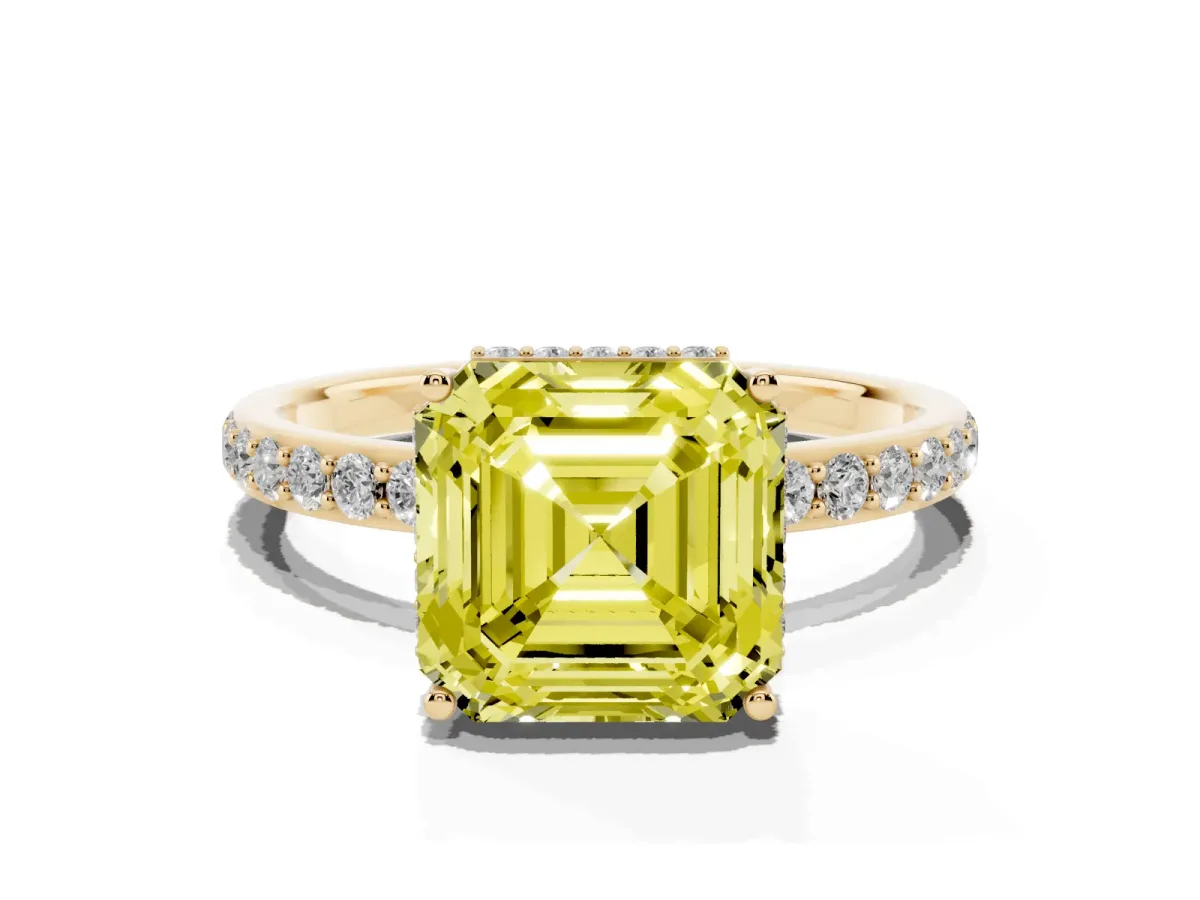 Fancy Yellow Asscher Cut Diamond Solitaire Ring with Pavé Band and Hidden Halo Yellow gold