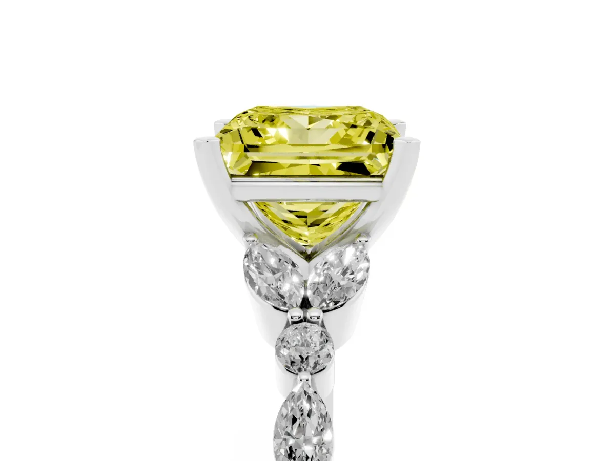 Fancy Yellow Princess Cut Diamond Solitaire Ring with Side Stones and Four-Prong Setting Silver