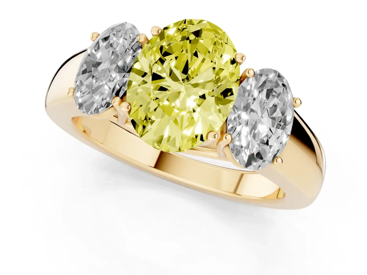 Fancy Yellow Three-Stone Oval Cut Cut Diamond Ring with Prong Setting and Classic Band Yellow gold
