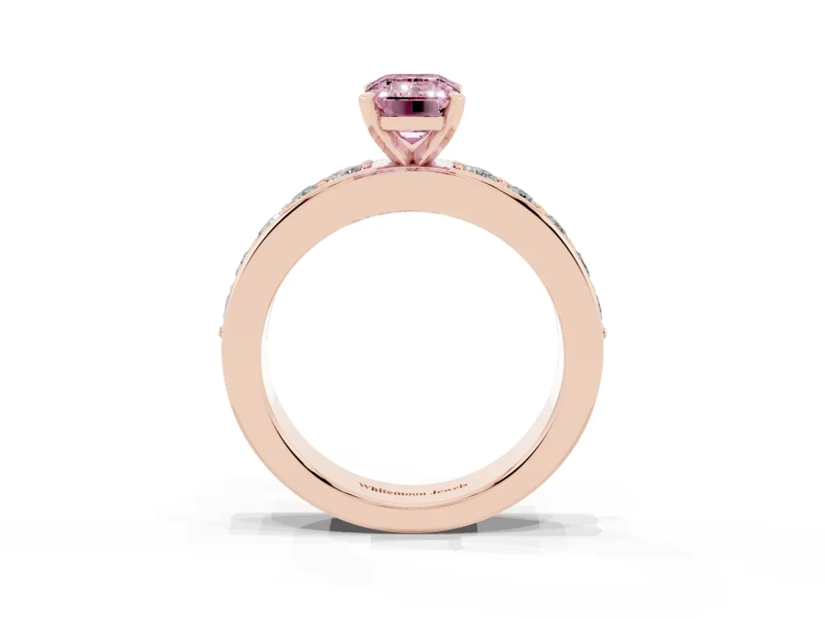 Fancy Pink Emerald Cut Diamond Engagement Ring with Channel Set Round Band and Prong Setting Rose gold