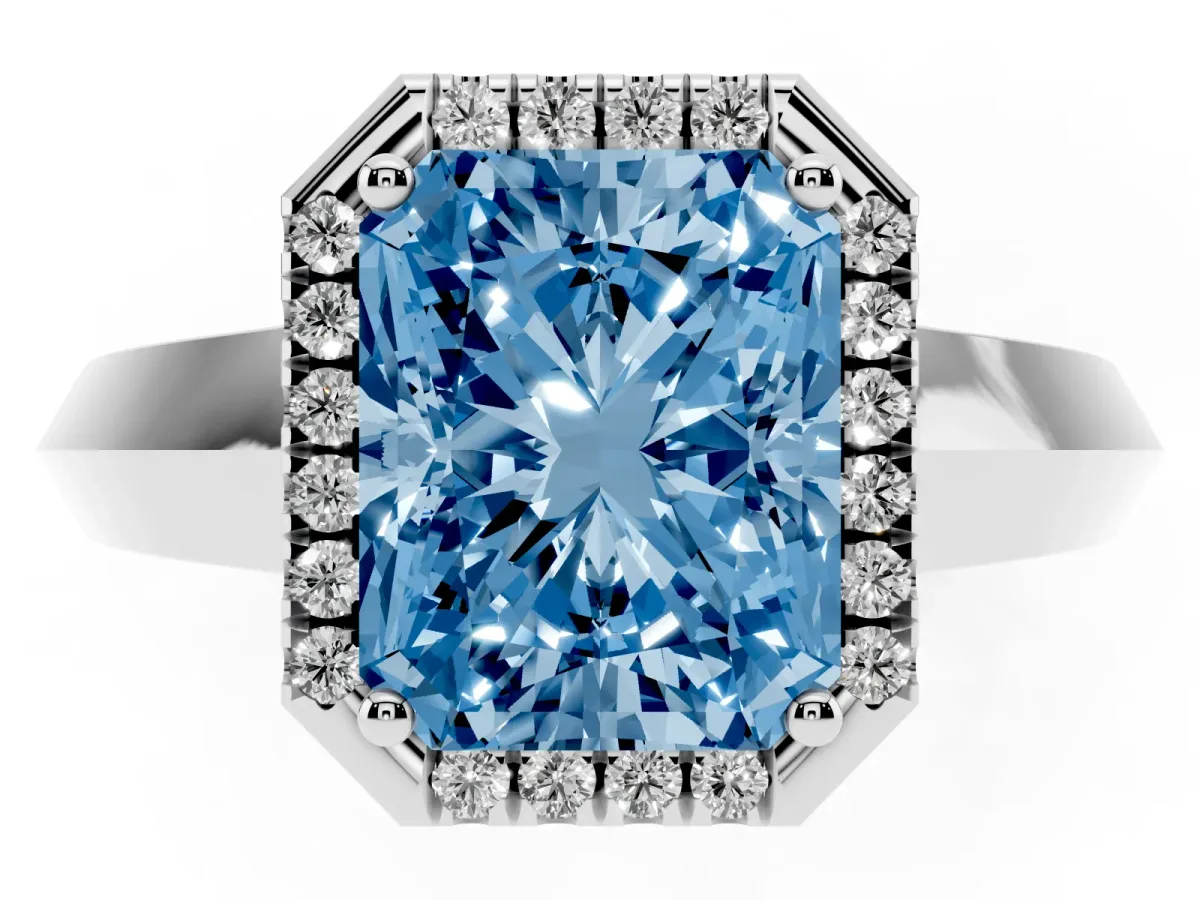 Fancy Blue Radiant Cut Halo Diamond Ring with Cathedral Band and Four-Prong Setting White gold