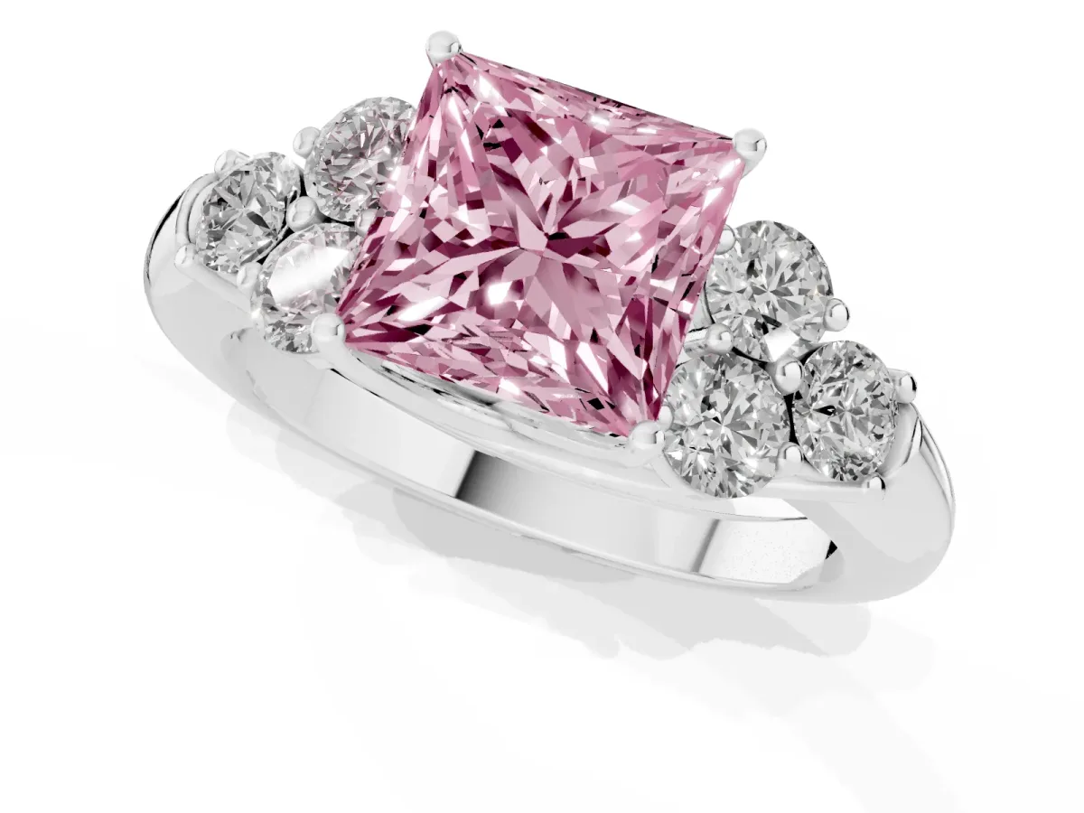 Fancy Pink Princess Cut Cut Diamond Cluster Ring with Round Accent Stones and Prong Setting on a Classic Band Silver