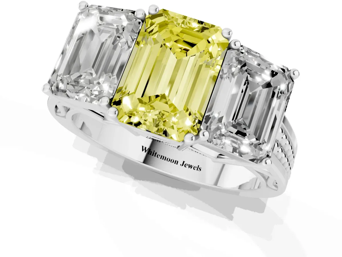 Fancy Yellow Emerald Cut Diamond Three-Stone Ring with Prong Setting and Textured Band Silver