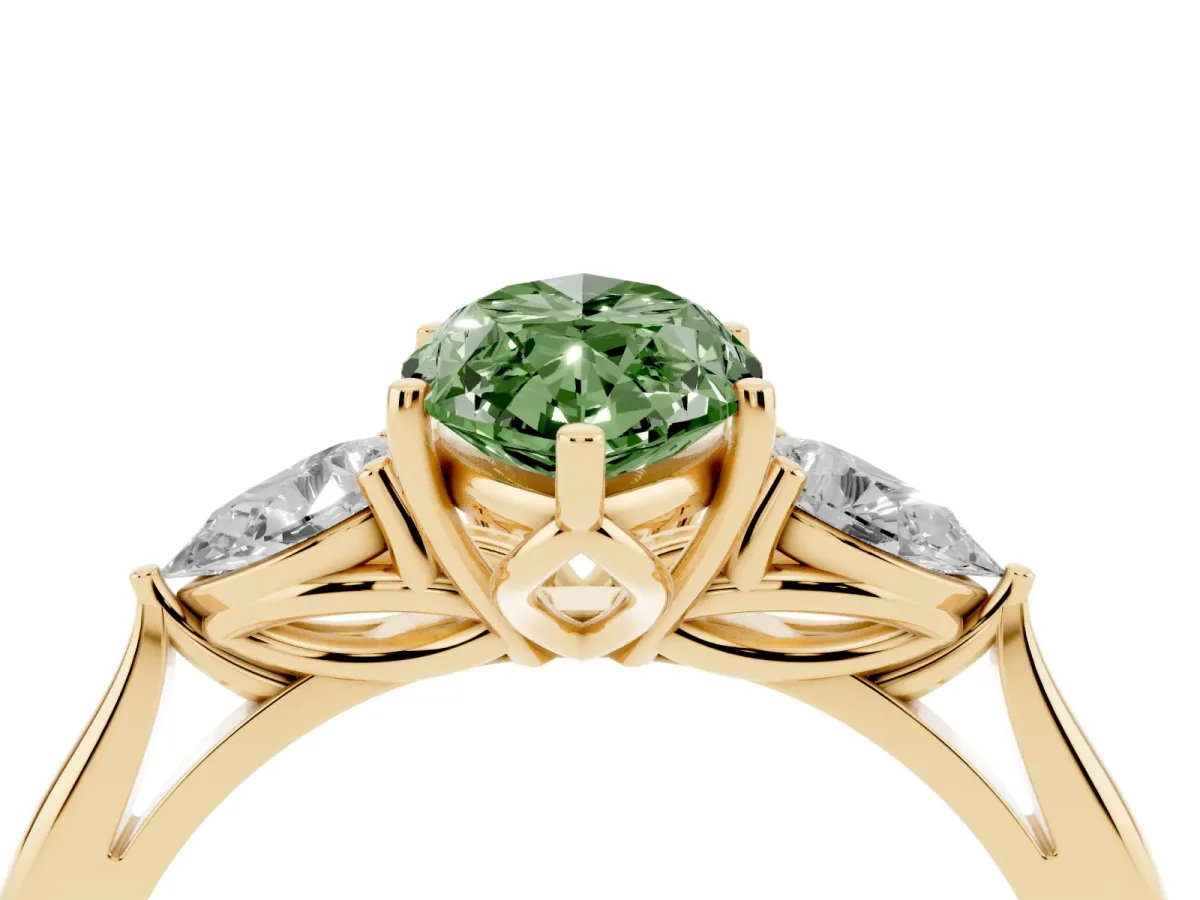 Fancy Green Marquise Cut Diamond Three-Stone Ring with Pear Side Stones and Prong Setting Yellow gold