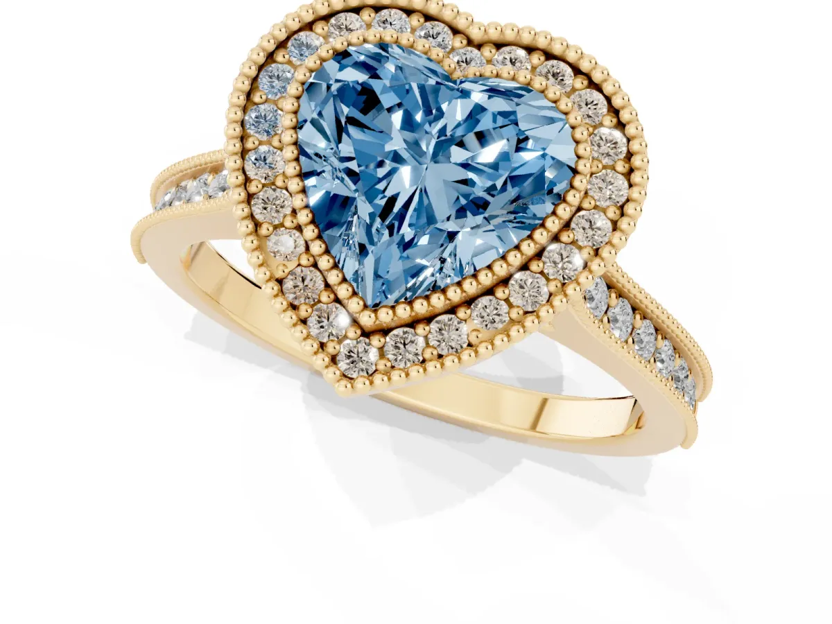Fancy Blue Halo Heart Cut-Cut Diamond Pave Band Milgrain Prong Setting Ring Yellow gold