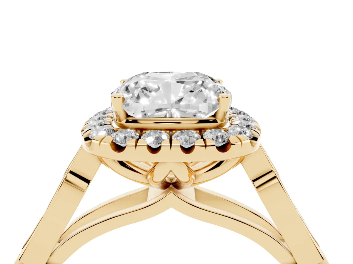Cushion Cut Halo Diamond Engagement Ring with Filigree Band and Four-Prong Setting Yellow gold