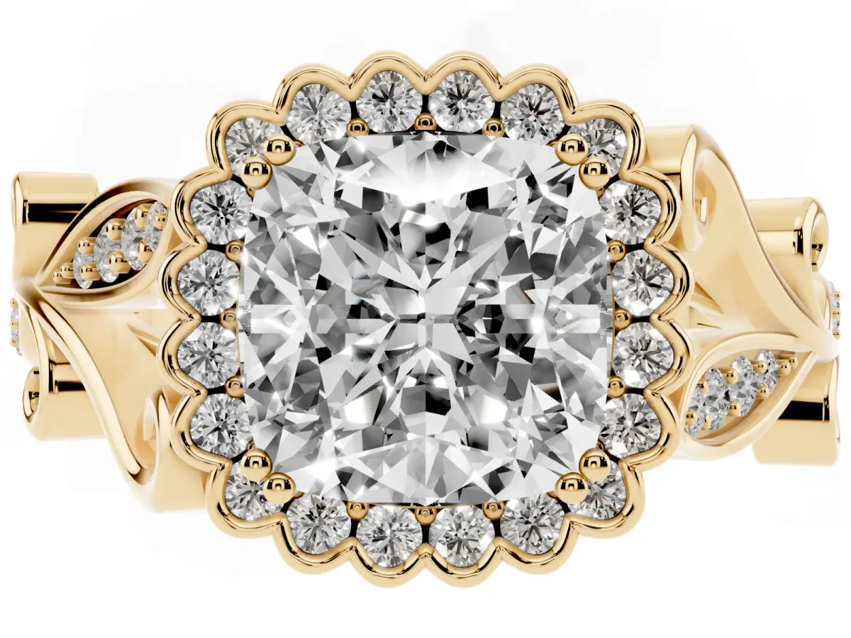 Cushion Cut Diamond Halo Ring with Vintage Split Shank and Four-Prong Setting Yellow gold