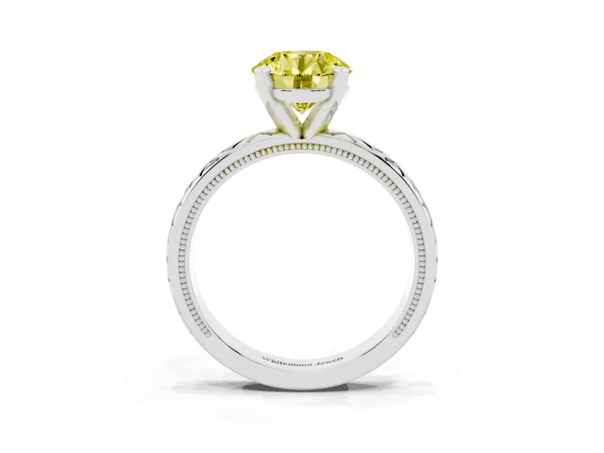 Fancy Yellow Round Cut Solitaire Diamond Ring with Milgrain and Black Enamel X Pattern Band Silver