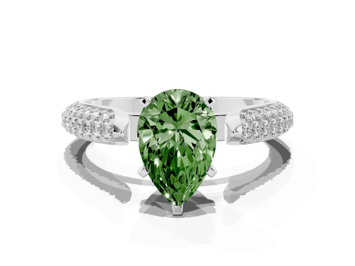 Fancy Green Pear Cut Diamond Solitaire Engagement Ring with Multi-Row Round Pavé Band and Prong Setting Silver