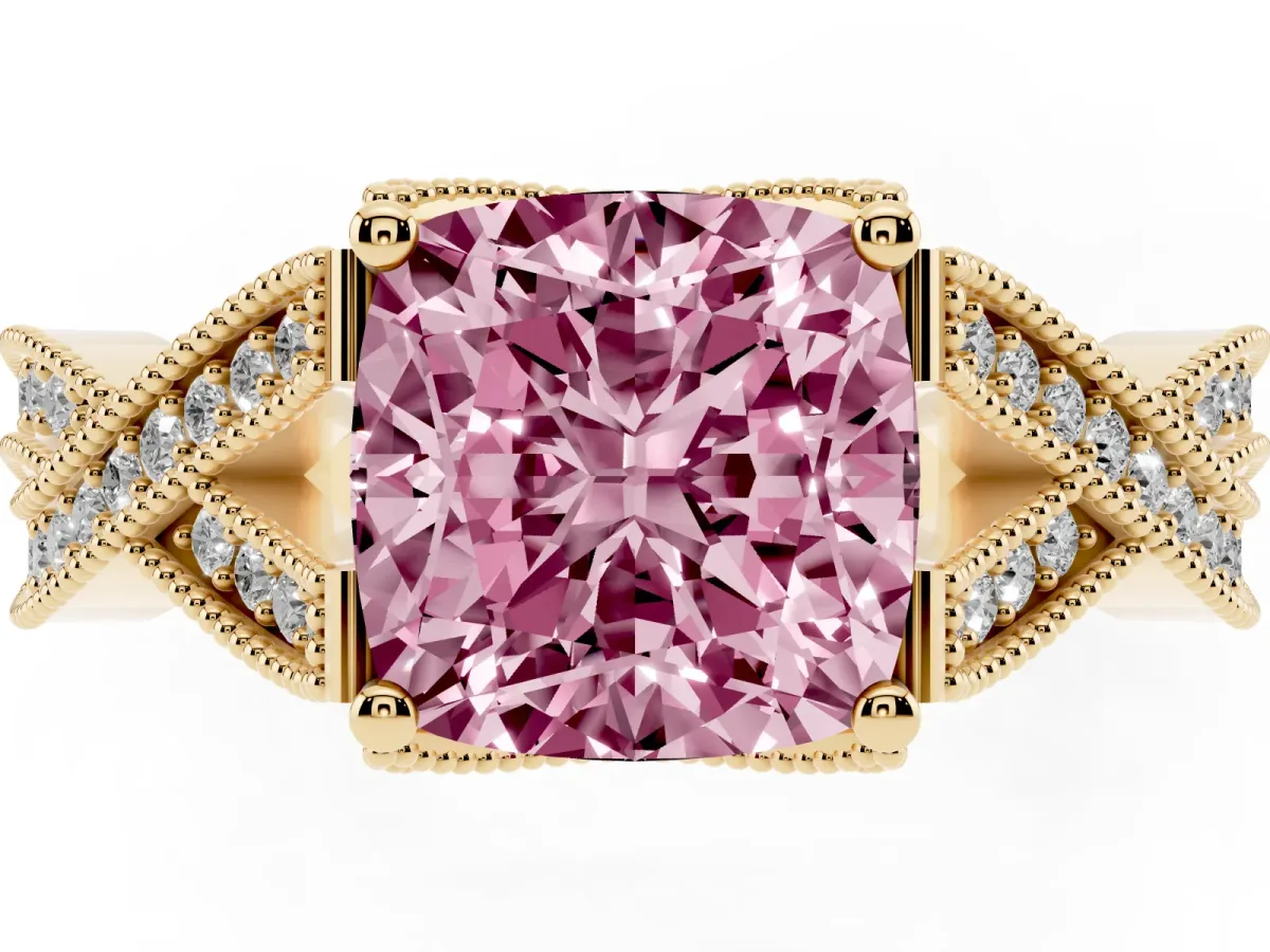 Fancy Pink Cushion Cut Cut Diamond Twisted Band with Milgrain Pave Setting and Four-Prong Setting Yellow gold
