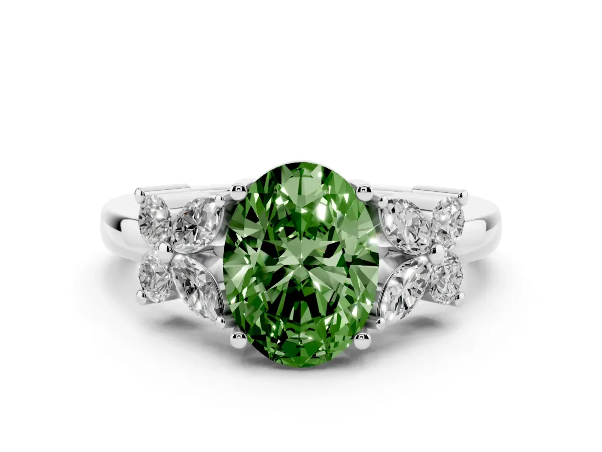 Fancy Green Oval Cut Diamond Floral Cluster Ring with Solitaire Band and Prong Setting White gold