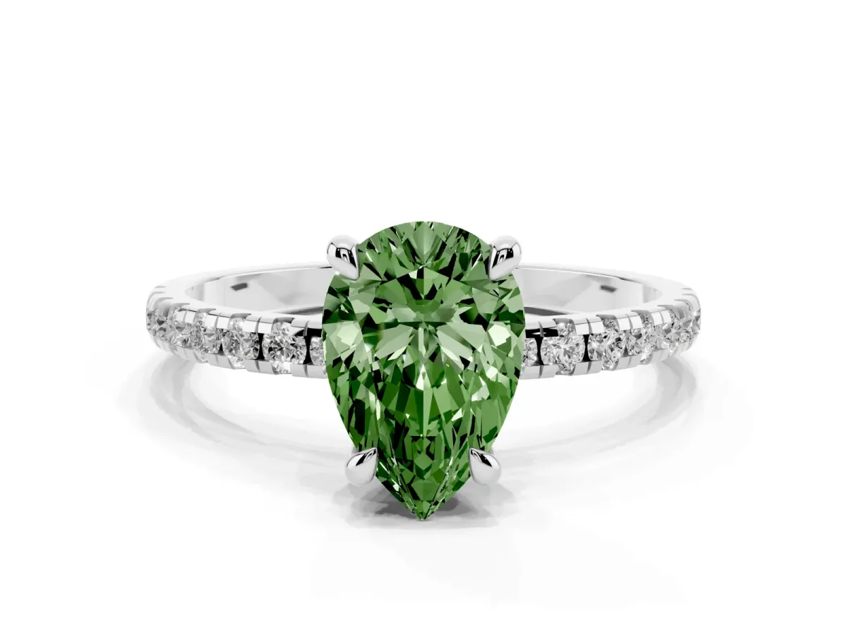 Fancy Green Pear Cut Diamond Brilliant Solitaire Ring with Pavé Band and Four-Prong Setting White gold