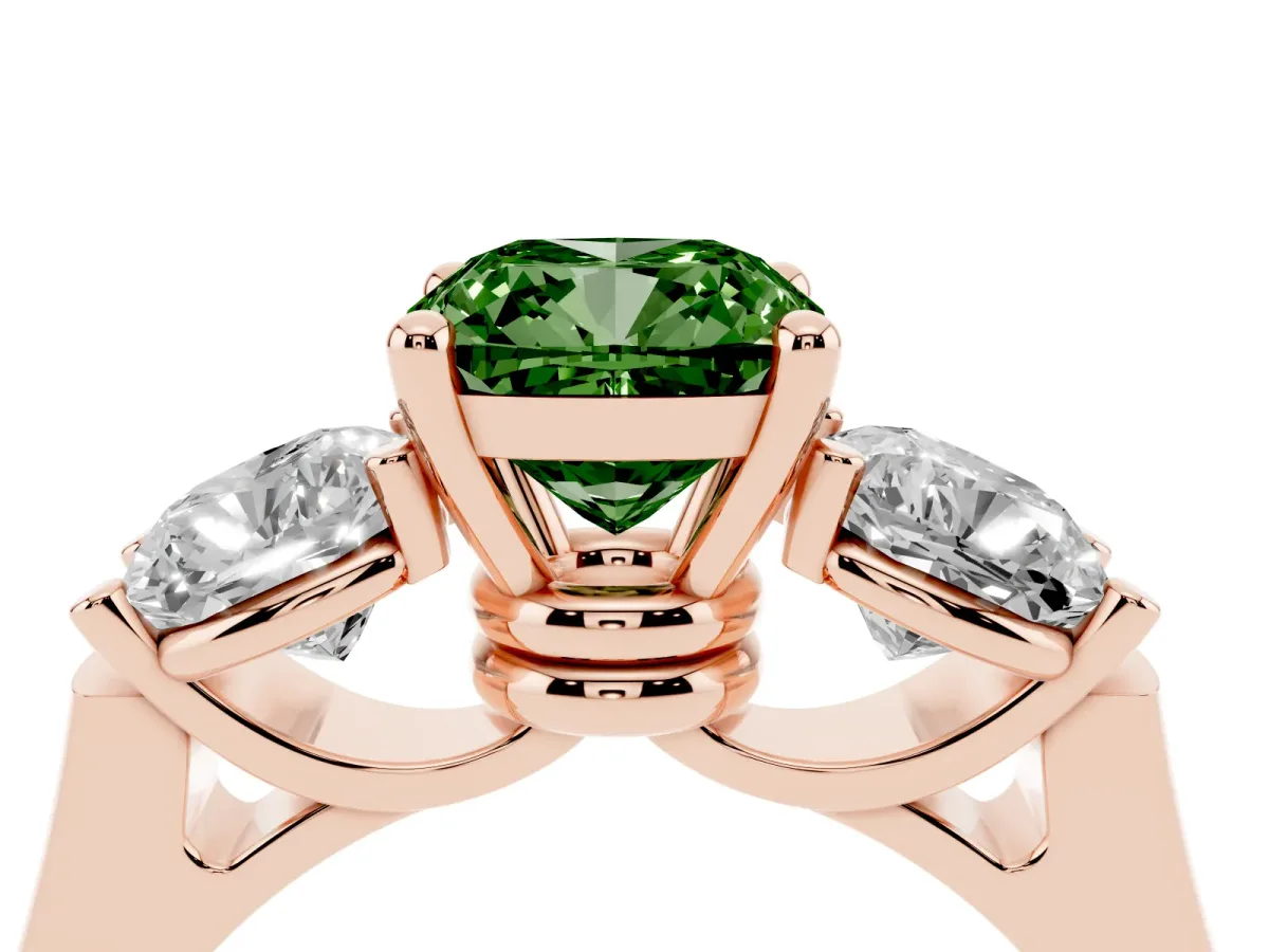 Fancy Green Three-Stone Cushion Cut Brilliant Diamond Trellis Ring with Comfort Fit Band Rose gold
