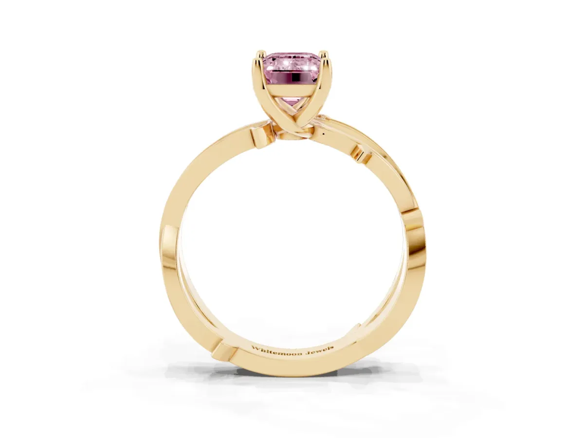 Fancy Pink Emerald Cut Solitaire Twist Band with Pavé Accents and Four-Prong Setting Yellow gold