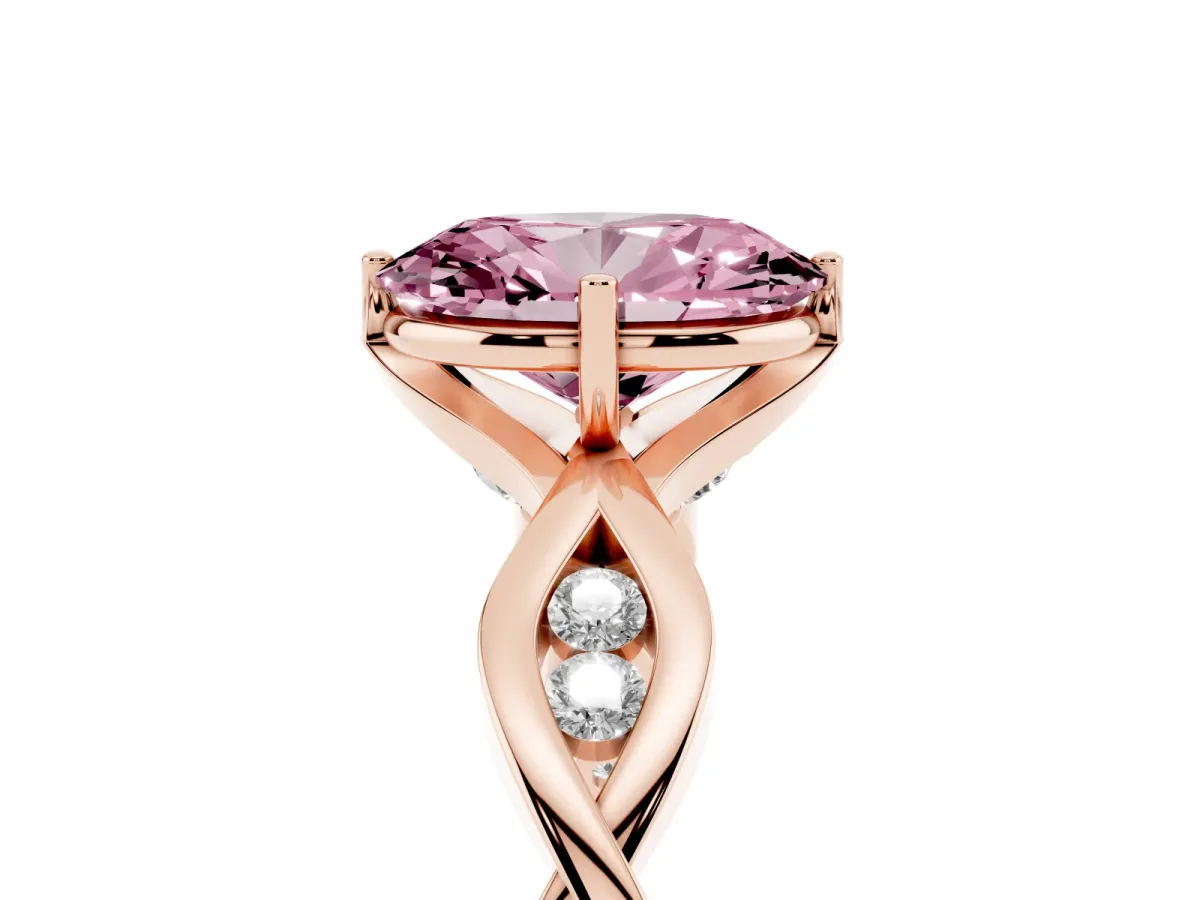 Fancy Pink Oval Cut Solitaire Twist Band with Leaf Prong Setting Rose gold