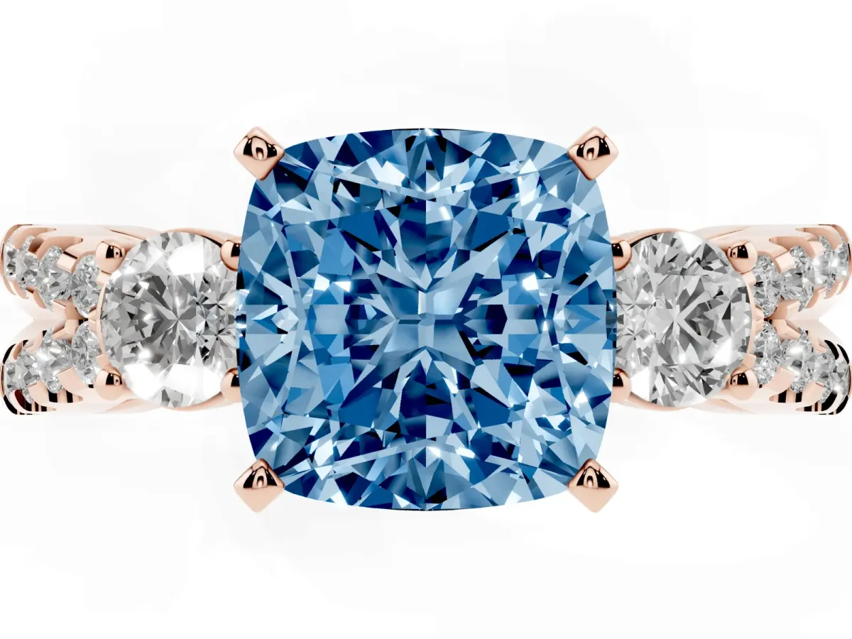 Fancy Blue Cushion Cut Diamond Three-Stone Ring with Pavé Split Shank and Four-Prong Setting Rose gold