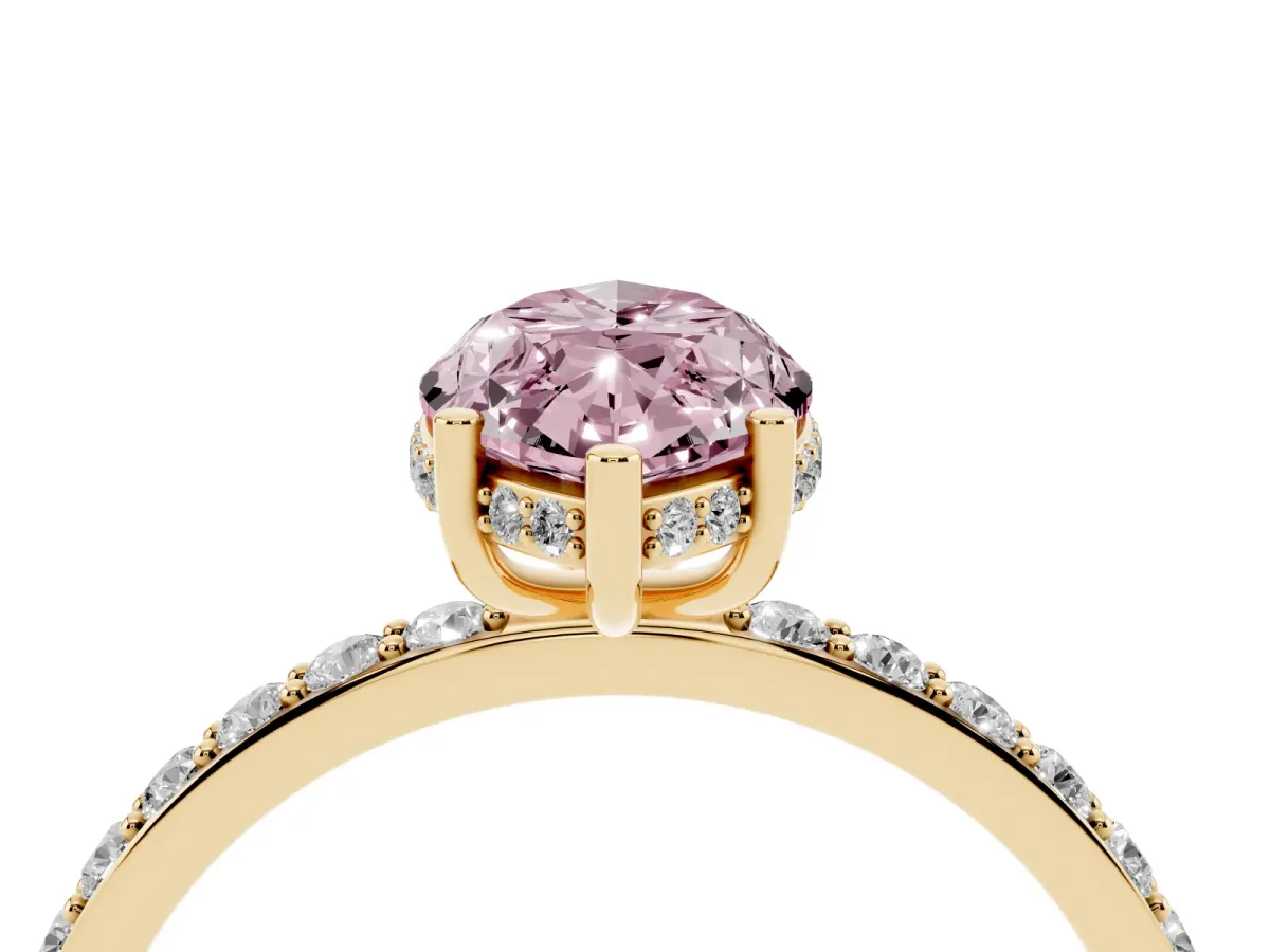 Fancy Pink Marquise Cut Diamond Solitaire Ring with Pavé Band and Hidden Halo Yellow gold