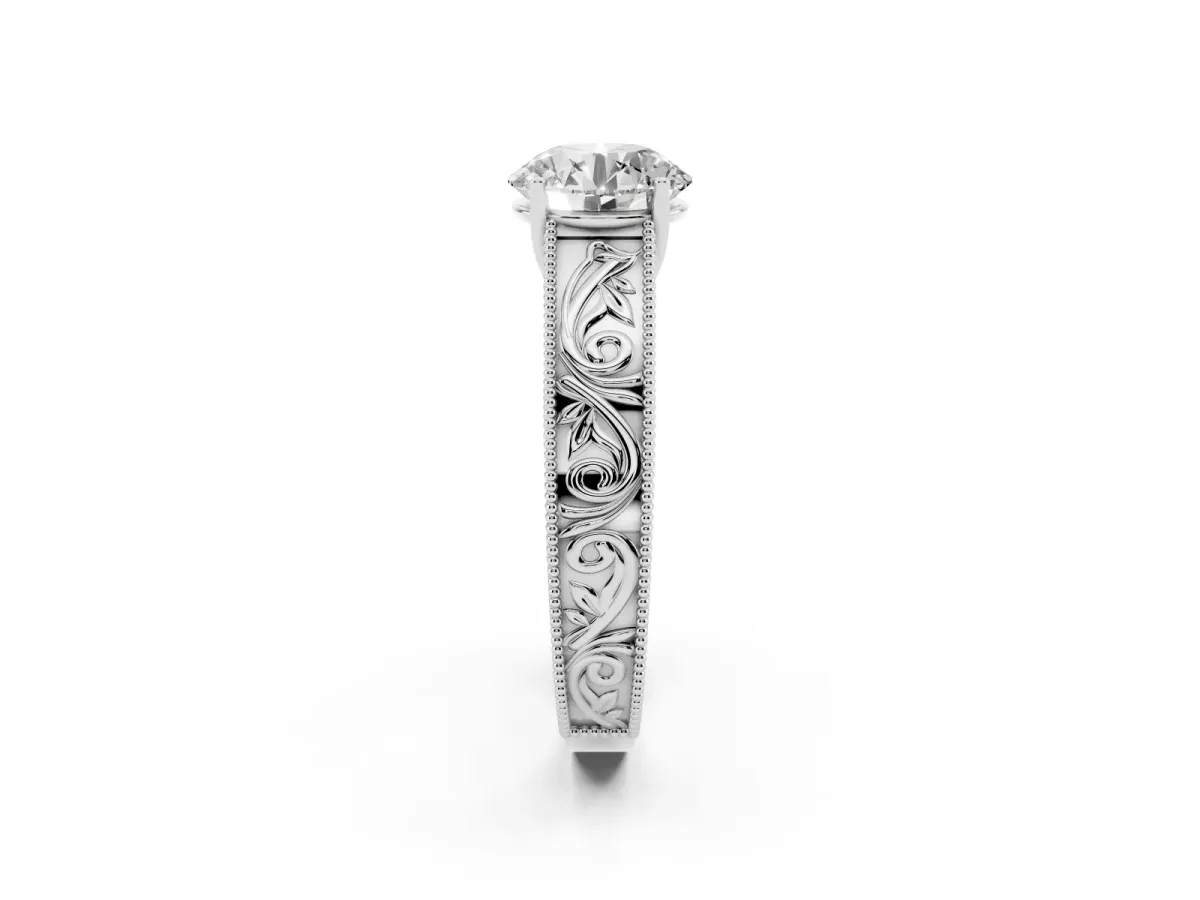 Round Cut Diamond Solitaire Ring with Engraved Band and Four-Prong Setting White gold
