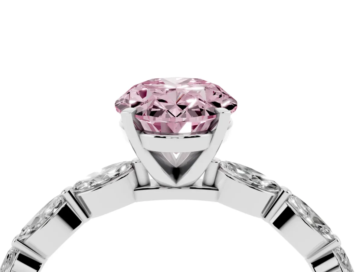 Fancy Pink Oval Cut Diamond Ring with Marquise Side Stones and Prong Setting White gold