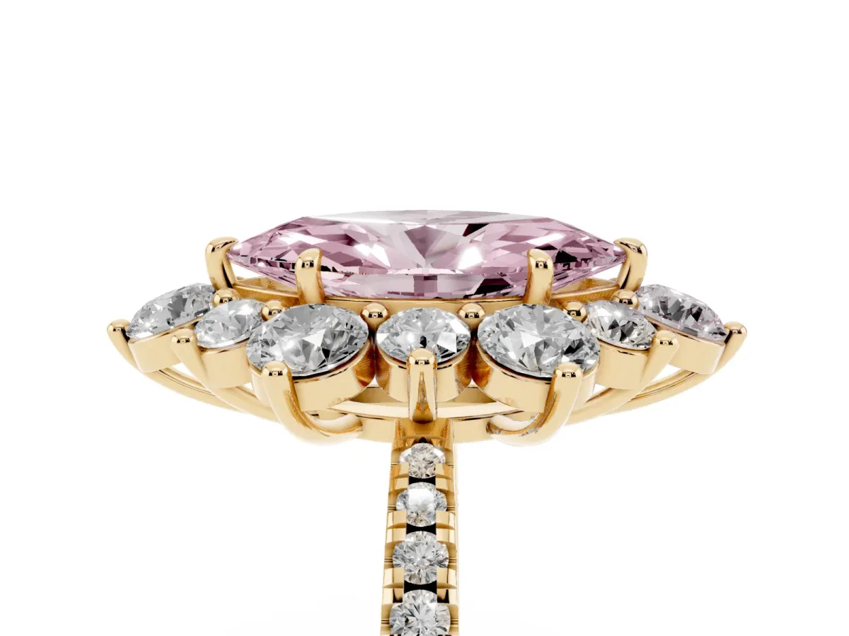 Fancy Pink Marquise Cut Diamond Floral Halo Ring with Round Pavé Band and Prong Setting Yellow gold