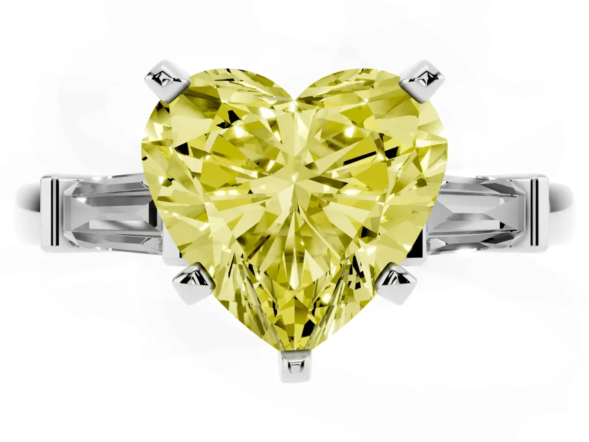 Fancy Yellow Heart Cut Cut Diamond Solitaire Ring with Tapered Baguette Accents and Four-Prong Setting Silver