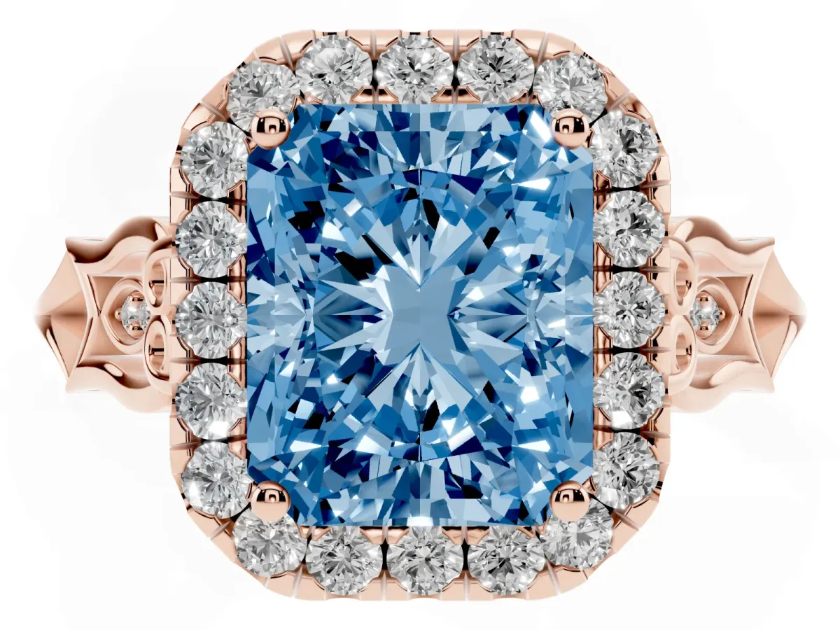 Fancy Blue Radiant Cut Halo Diamond Engagement Ring with Filigree Band and Four-Prong Setting Rose gold