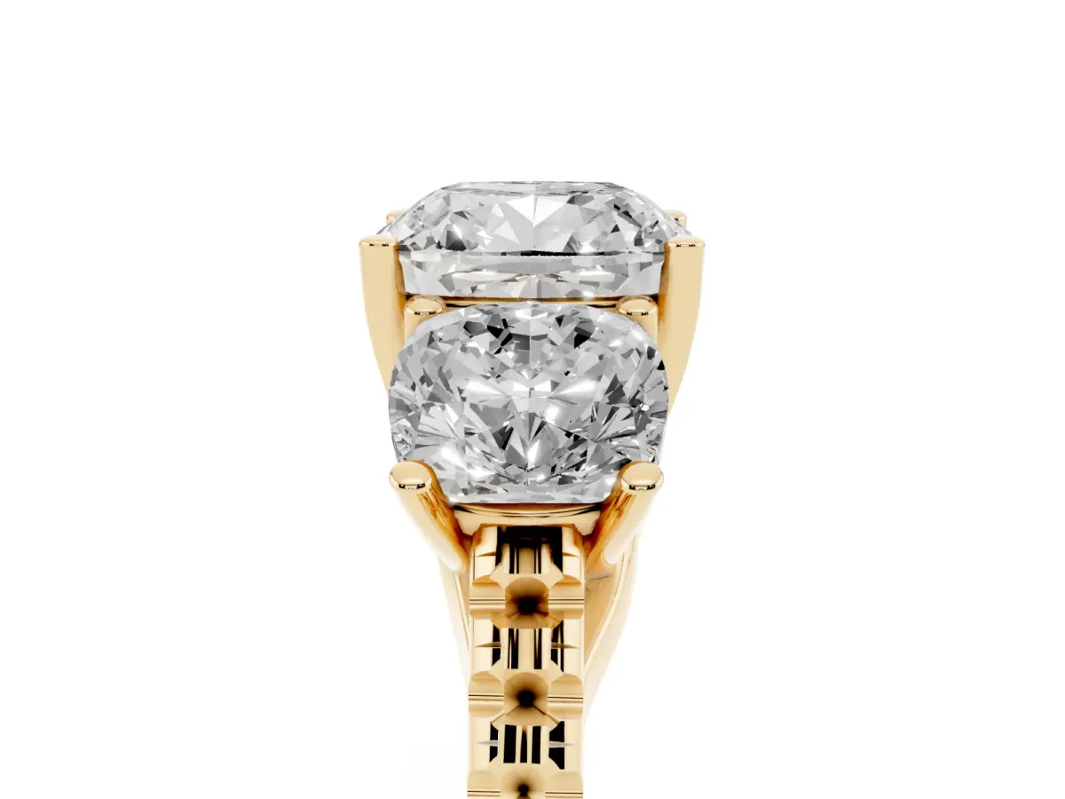 Three-Stone Cushion Cut Diamond Ring with Round Pavé Band and Prong Setting Yellow gold