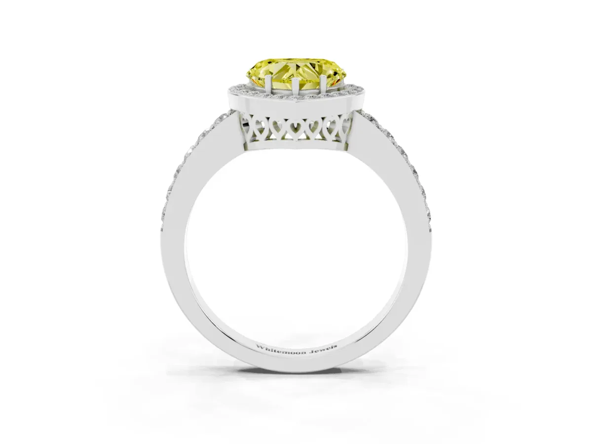 Fancy Yellow Heart Cut Halo Diamond Pavé Band Ring with Prong Setting Silver