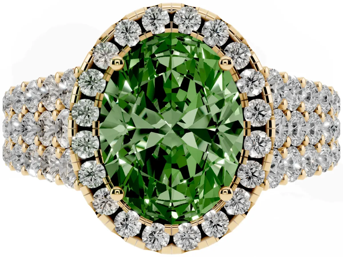 Fancy Green Oval Cut Diamond Halo Engagement Ring with Triple Row Round Pavé Band and Prong Setting Yellow gold