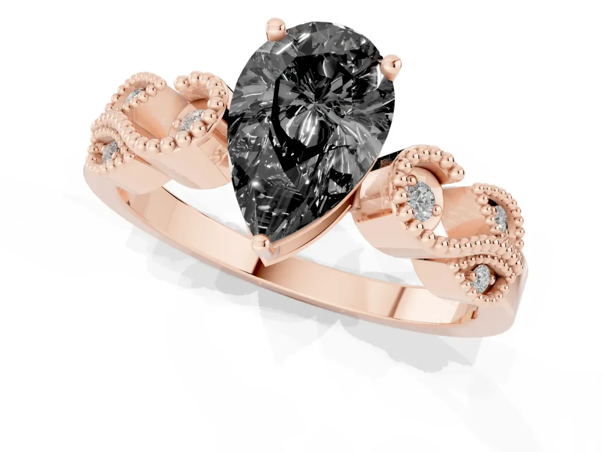 Fancy Black Pear Cut Solitaire Milgrain Leaf Band with Prong Setting Rose gold