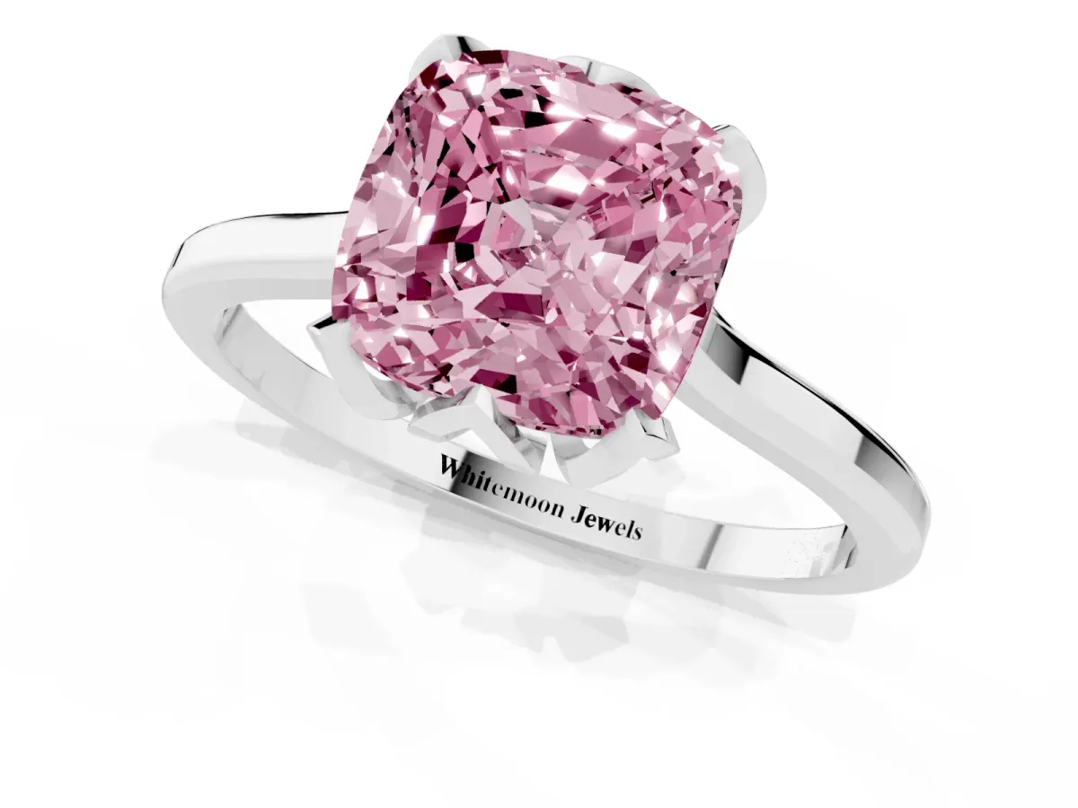 Fancy Pink Cushion Cut Diamond Solitaire Ring with Flower Prong Setting and Classic Band Silver