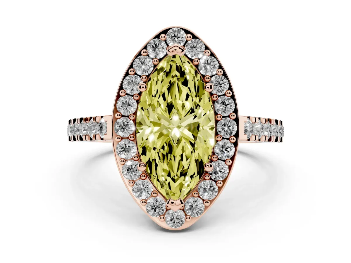 Fancy Yellow Marquise Cut Diamond Halo Ring with Round Pavé Split Shank and Prong Setting Rose gold