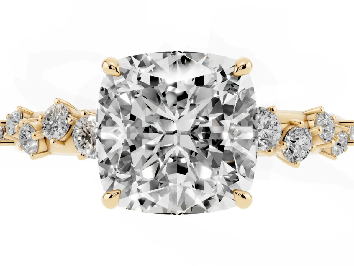 Cushion Cut Diamond Cluster Prong-Set Solitaire Ring Yellow gold