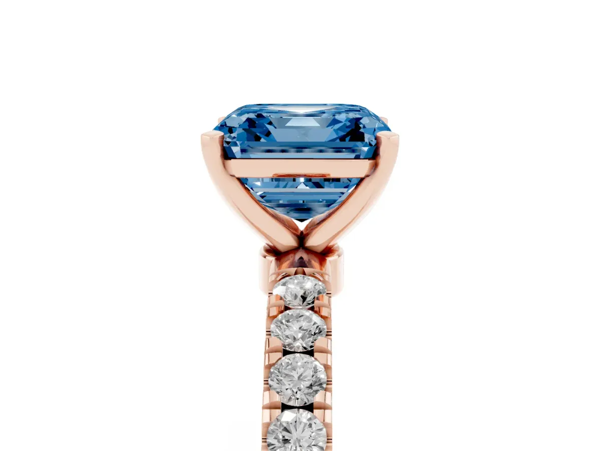 Fancy Blue Asscher Cut Diamond Solitaire Ring with Pavé Accents and Four-Prong Setting Rose gold
