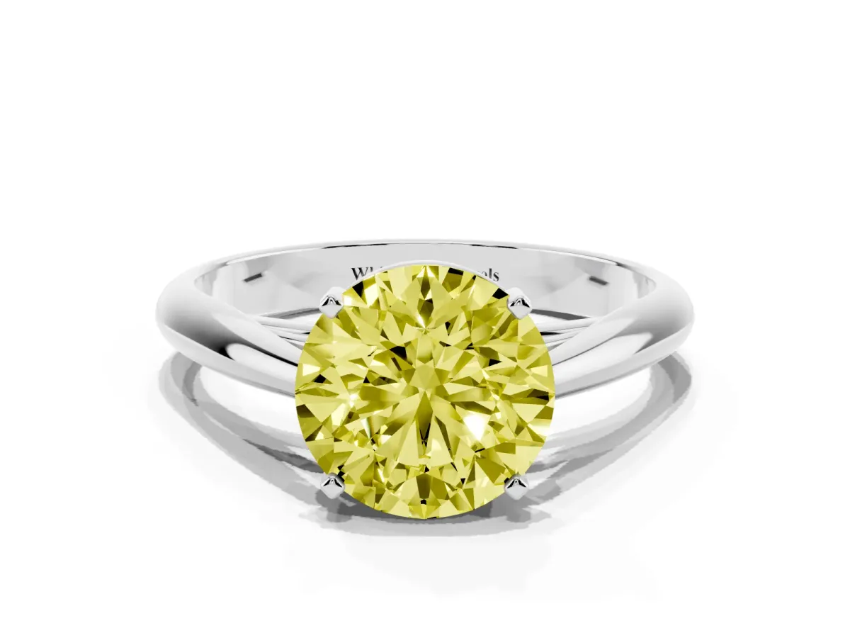 Fancy Yellow Round Cut Diamond Solitaire Engagement Ring with Cathedral Setting and Four-Prong Mount Silver