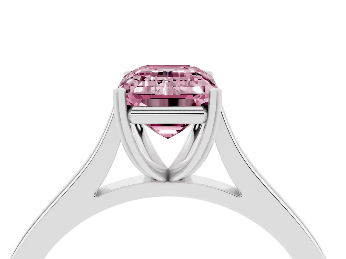 Fancy Pink Emerald Cut Solitaire Heart Prong Engagement Ring with Tapered Band White gold