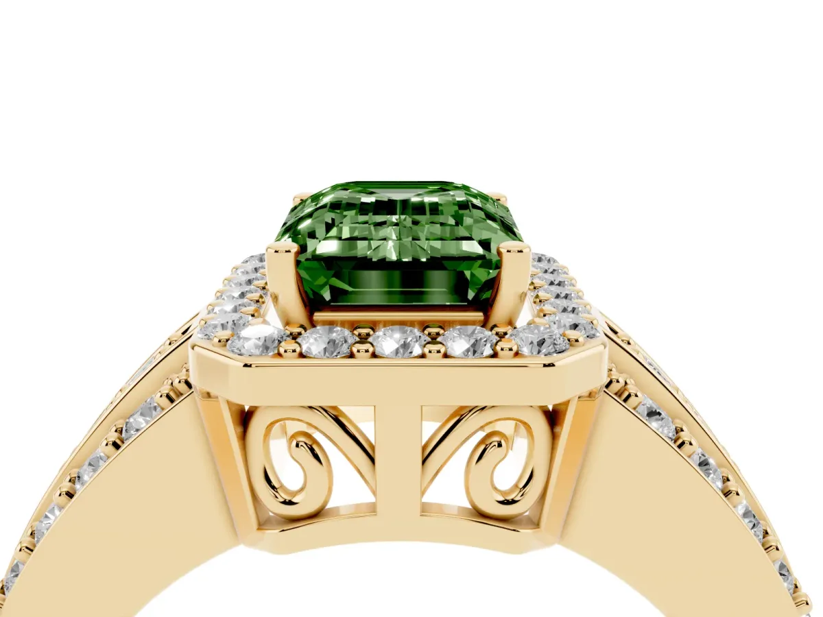 Fancy Green Emerald Cut Halo Diamond Ring with Round Split Shank and Prong Setting Yellow gold