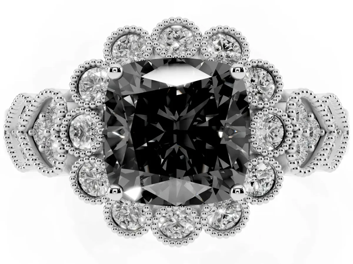 Fancy Black Cushion Cut Brilliant Milgrain Pave Heart Band Solitaire Ring Silver