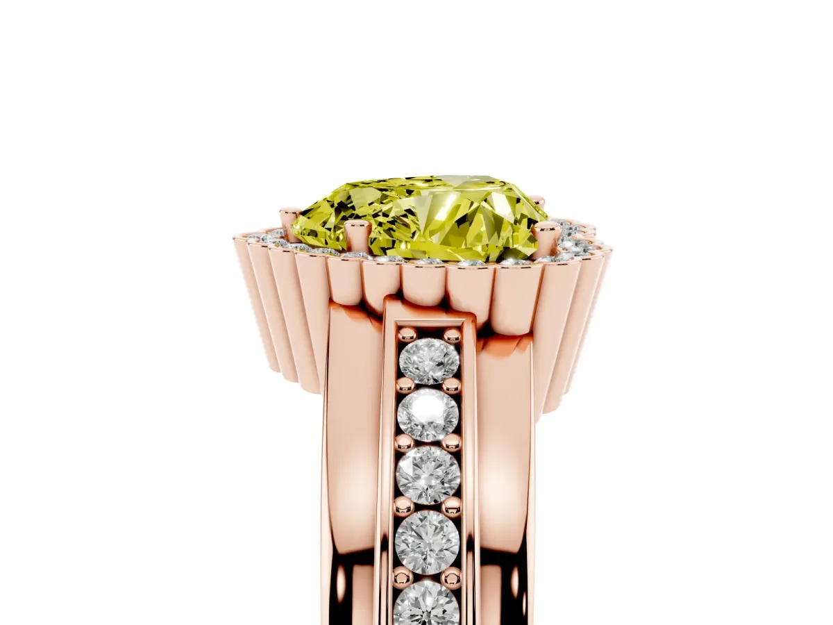 Fancy Yellow Heart Cut Cut Halo Pave Band Four-Prong Ring Rose gold