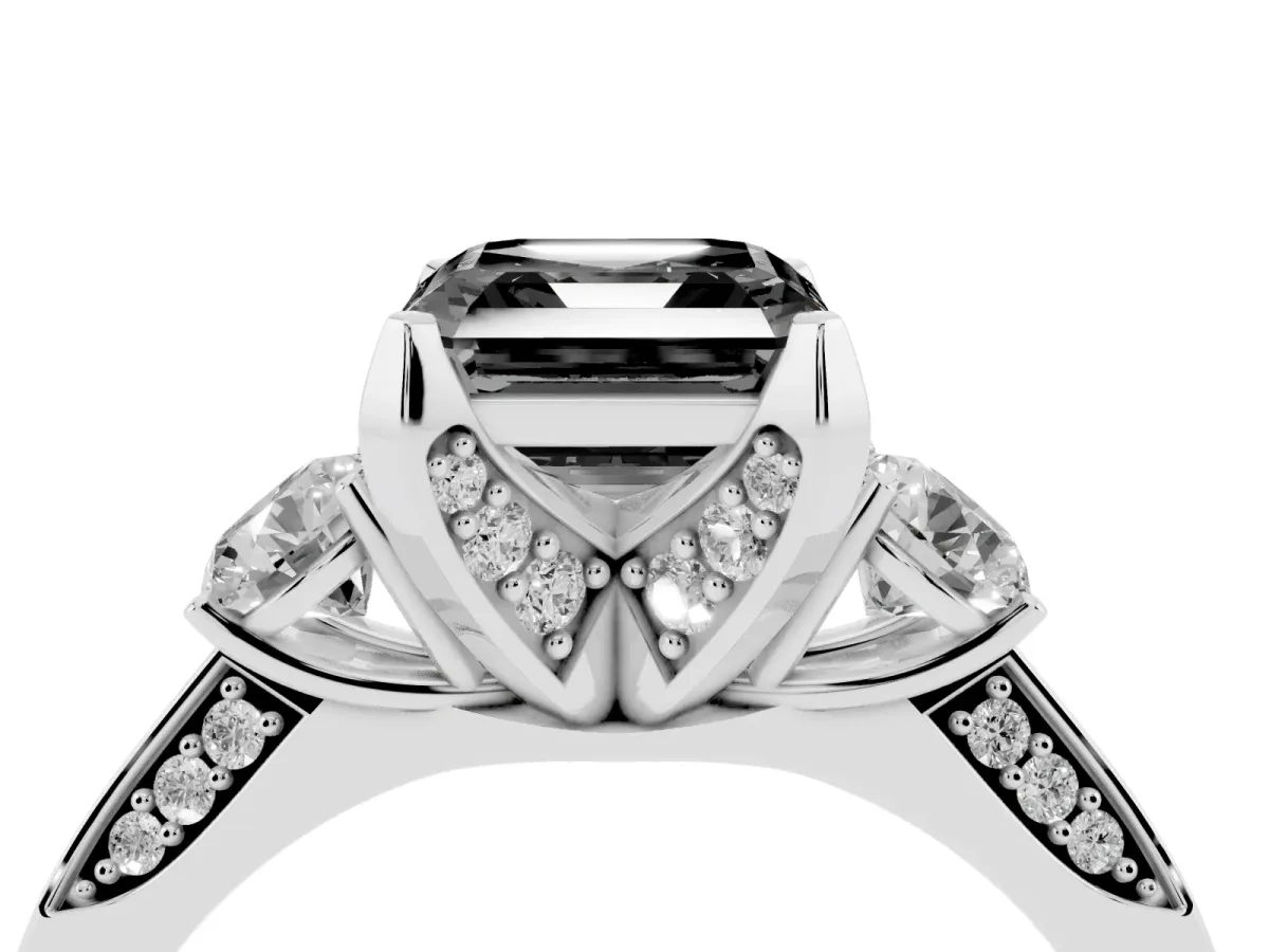 Fancy Black Asscher Cut Brilliant Three-Stone Diamond Ring with Pavé Band and Four-Prong Setting Silver