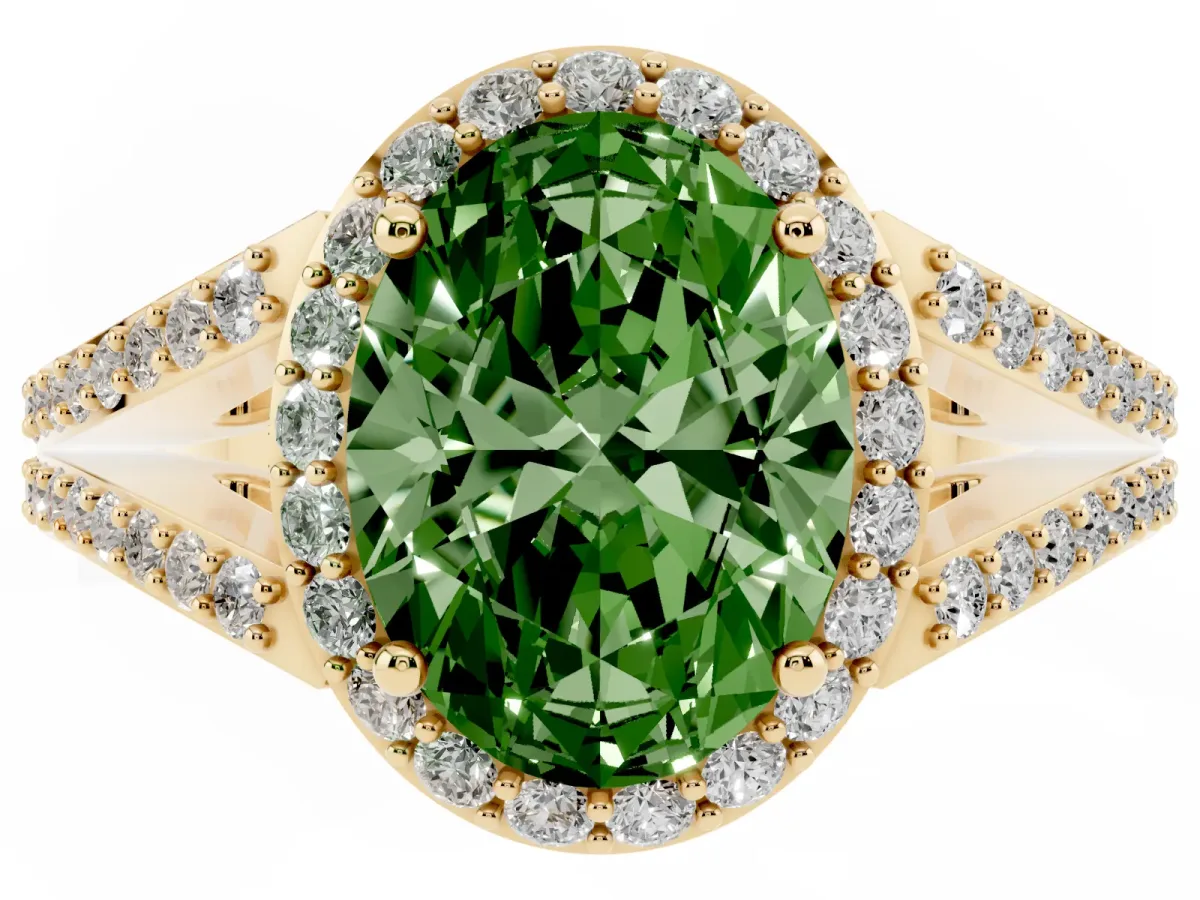 Fancy Green Oval Cut Halo Split Shank Pave Diamond Ring with Four-Prong Setting Yellow gold